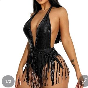 Elegant Black Sequin Halter Bodysuit